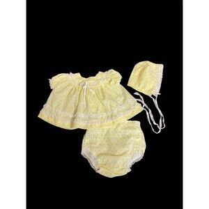 Vtg Alexis Dress & Bonnet Set 0-13lbs Yellow Floral Frilly Lace Trim Preemie-0/3